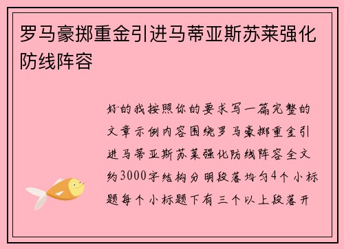 罗马豪掷重金引进马蒂亚斯苏莱强化防线阵容