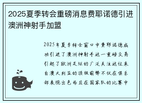 2025夏季转会重磅消息费耶诺德引进澳洲神射手加盟