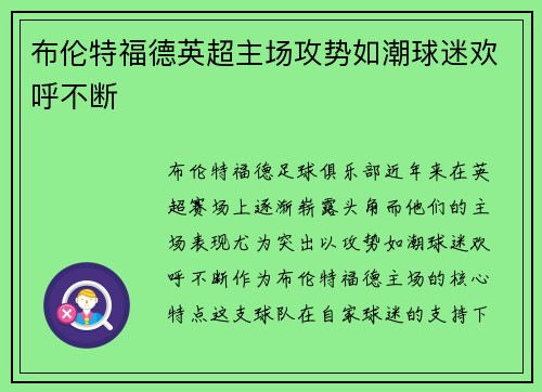 布伦特福德英超主场攻势如潮球迷欢呼不断 布伦特福德英超主场攻势如潮球迷欢呼不断